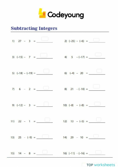 Integer Subtraction Rules Practice Sheet for Middle School Mathematics Seventh grade student working through integer subtraction problems converted to addition on a math worksheet