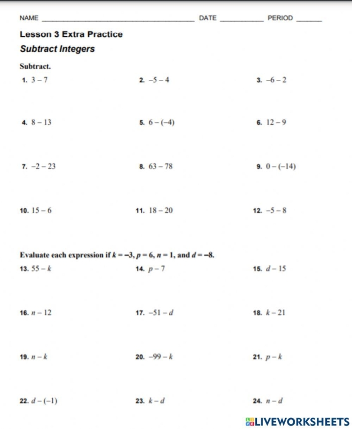 Integer subtraction practice worksheet showing conversion method for middle school math learners Seventh grade student solving integer subtraction by converting to addition problems on worksheet page 4