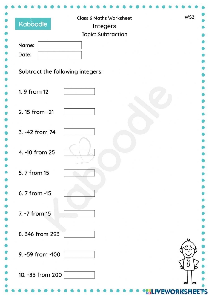 Integer Subtraction Rules Practice Worksheet Number 11 Seventh grade math worksheet featuring integer subtraction rules and practice problems for students
