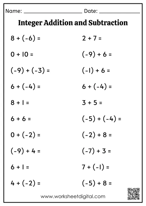 Math worksheet showing rules for subtracting integers by converting to addition problems for grade 7 Seventh grade student working through integer subtraction problems converted to addition on a math worksheet