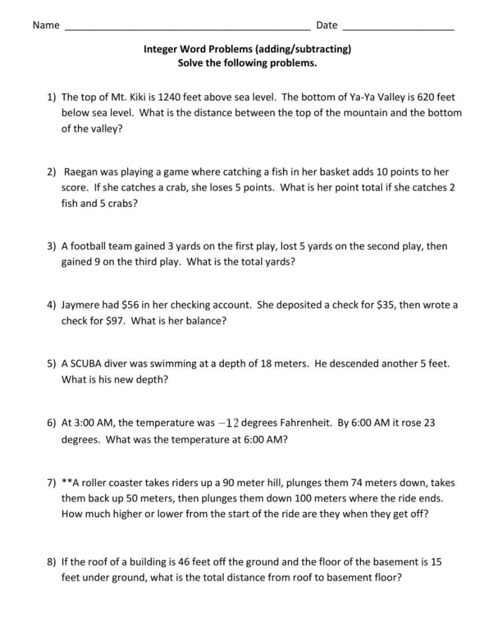 Seventh grade student working on a math practice worksheet focused on adding and subtracting integers in real-world scenarios