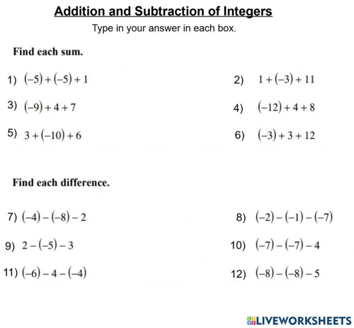 Seventh grade math worksheet featuring real-world word problems for adding and subtracting integers