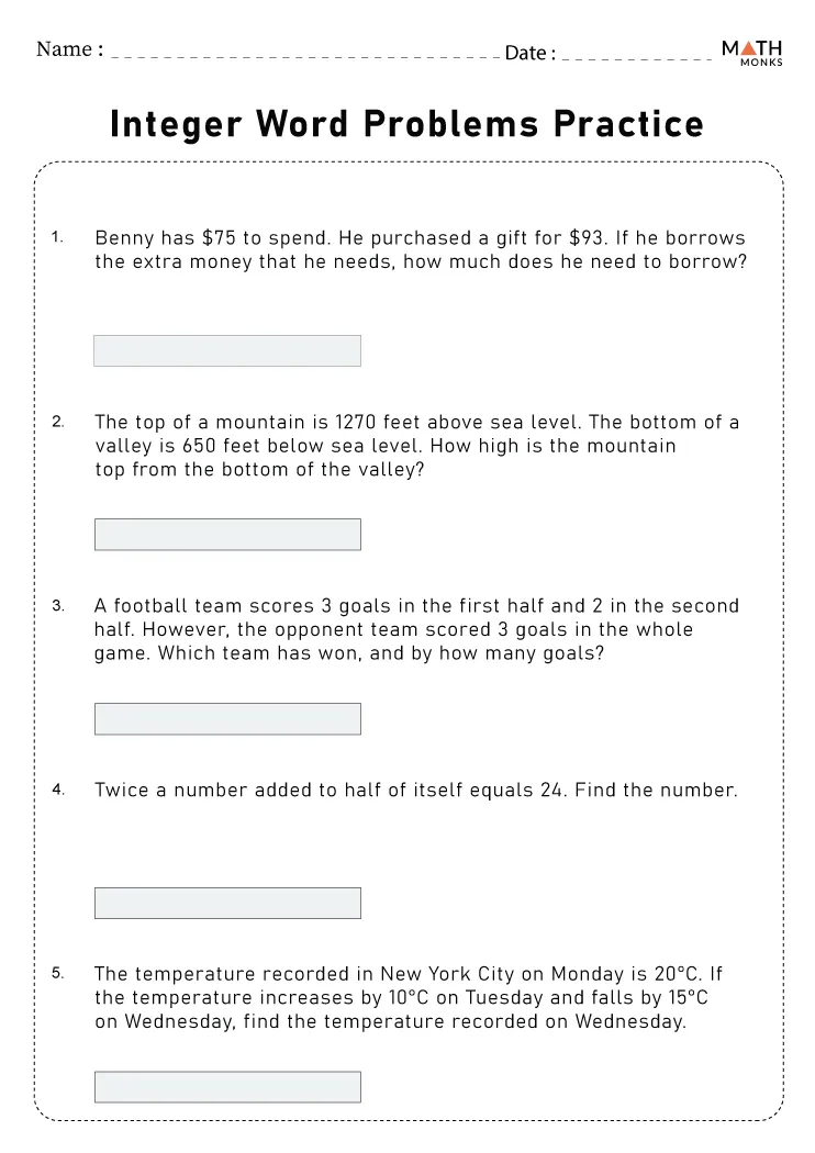 Seventh grade math worksheet featuring real-world word problems for adding and subtracting integers