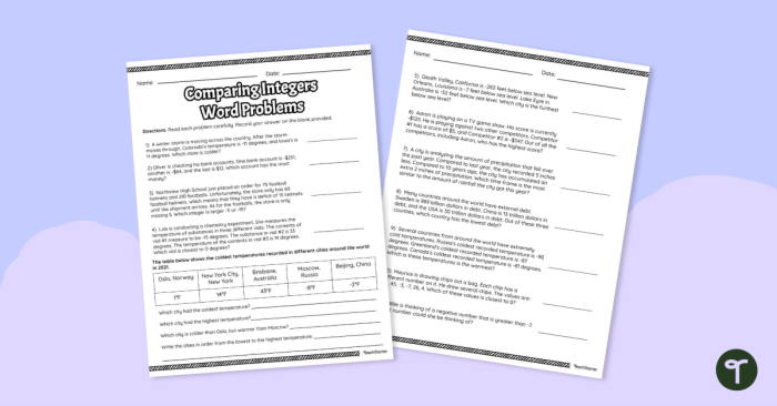 Seventh grade math worksheet featuring real-world word problems for adding and subtracting integers