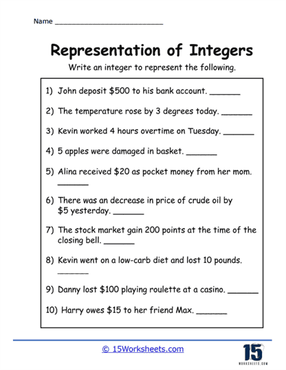 Seventh grade students solving integer addition and subtraction problems in real-world scenarios on a math worksheet