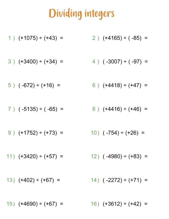 Worksheet featuring exercises on multiplying and dividing integers for seventh graders