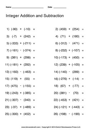 Seventh grade math worksheet featuring practice problems for adding and subtracting integers