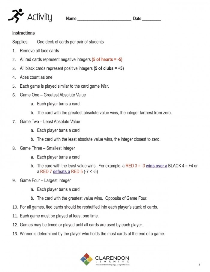 Sixth-grade math worksheet on integers with questions and examples