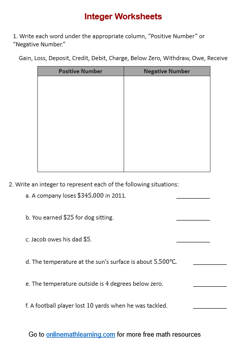 Sixth grade students practice matching positive and negative integers to real-world word problems in this educational worksheet
