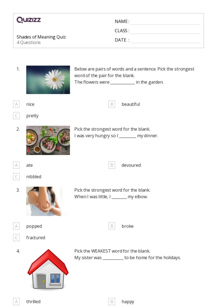 Seventh grade worksheet for ordering words by intensity to understand shades of meaning