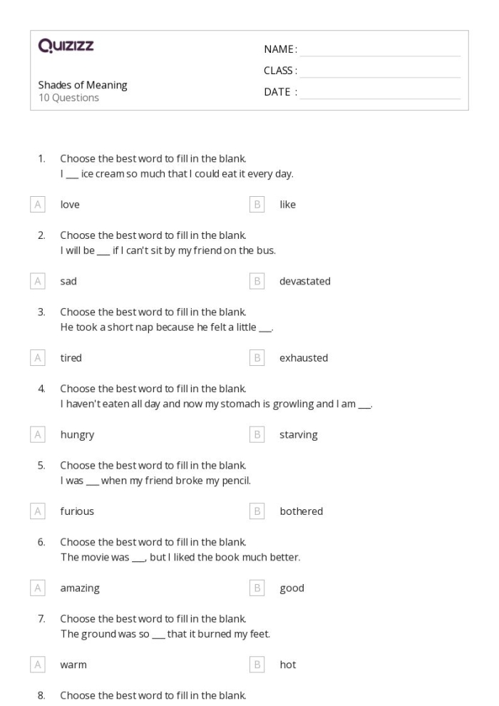 Seventh grade language arts worksheet focusing on ordering words by their intensity level