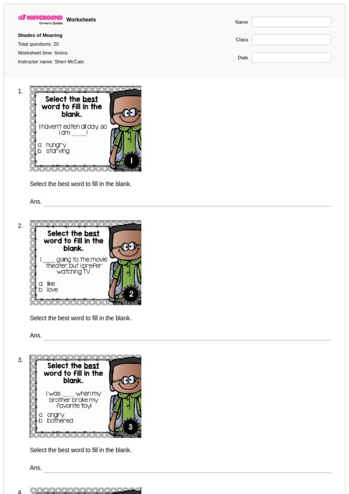Seventh grade worksheet for ordering words by intensity to understand shades of meaning