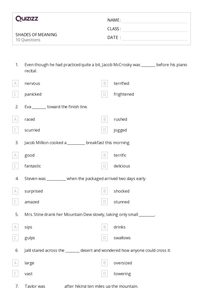 Seventh grade grammar worksheet featuring vocabulary exercises for ordering words by their intensity level