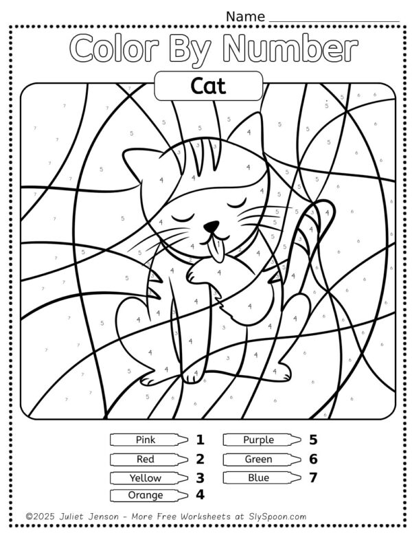 Color By Number Cat Worksheet 22 for Pre-K Students A cute cat drawing divided into numbered sections for children to color using the provided color key