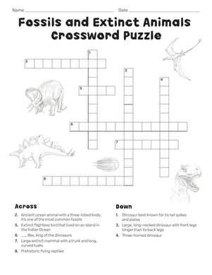 Third grade life science crossword puzzle featuring prehistoric animals and fossil vocabulary words for students to solve