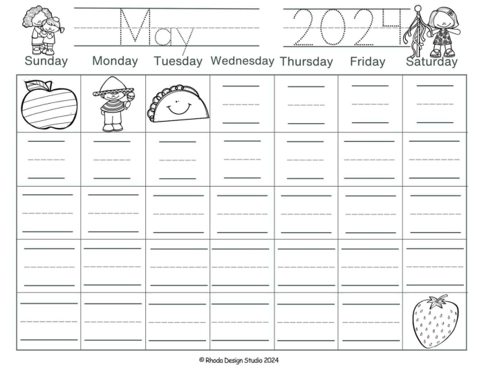 May calendar worksheet for second graders to fill in dates and highlight Mother's Day. Interactive blank May calendar to help children learn days of the week.