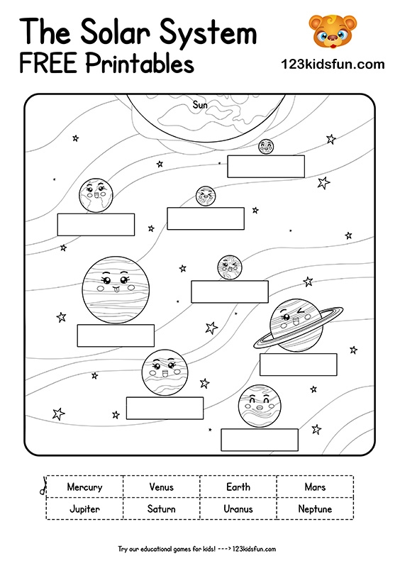 Colorful worksheet featuring the planets in our solar system for third graders to label. Interactive learning tool to help children practice naming celestial bodies and their orbits.