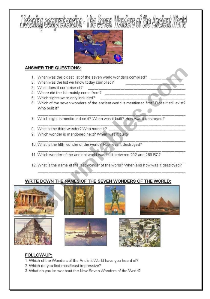 Students exploring the New Seven Wonders of the World through an interactive research worksheet activity for sixth grade math