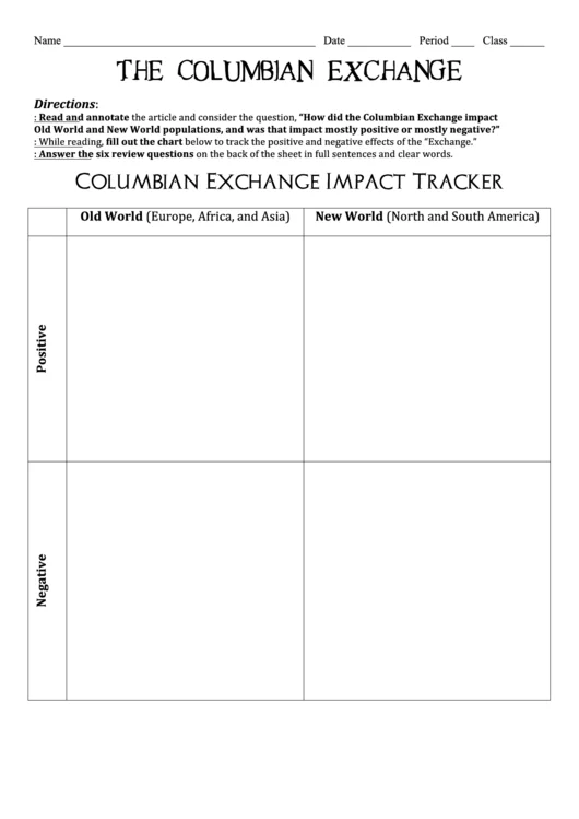 Two-page activity sheet exploring the impacts of the Columbian Exchange Interactive worksheet on the Columbian Exchange for sixth-grade students