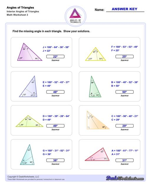 Eighth grade math worksheet showing triangles with algebraic expressions for missing interior angles