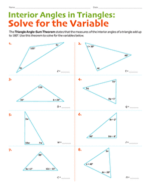Eighth grade math worksheet showing algebraic triangle problems involving interior angles