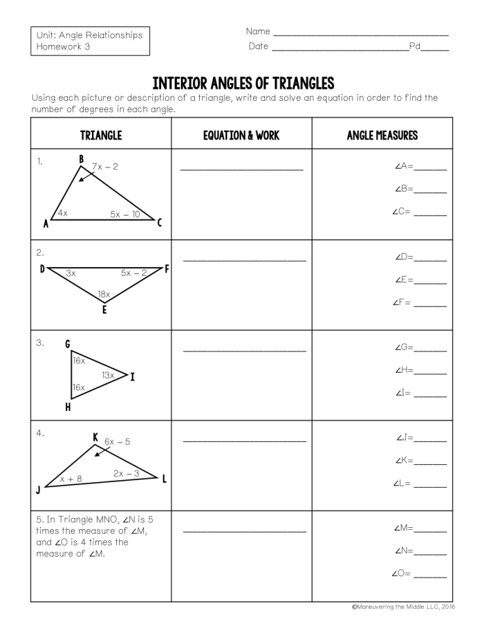 Eighth grade math worksheet showing triangles with interior angles represented by linear algebraic expressions to solve for variables