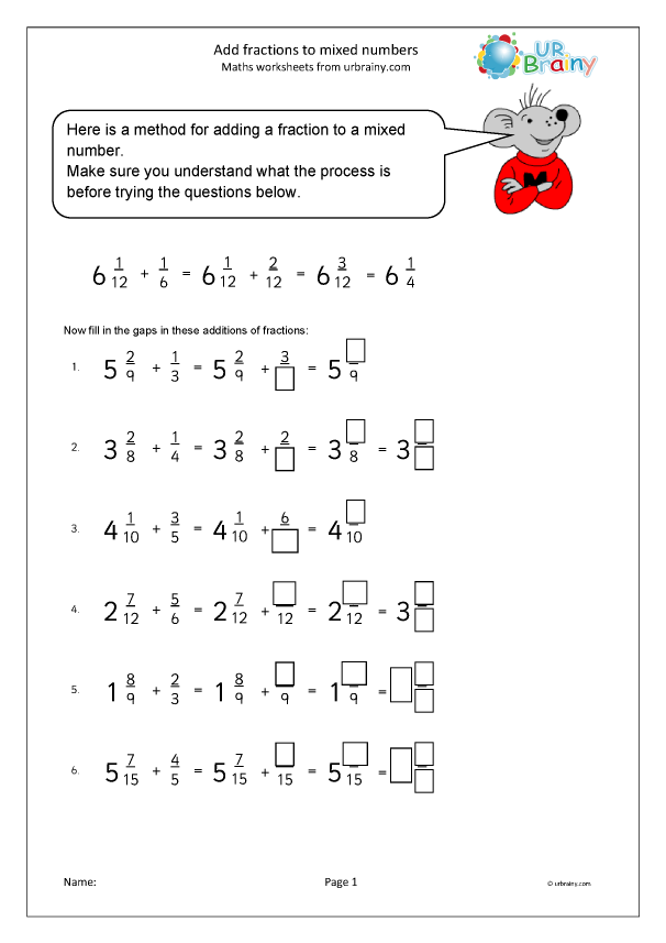 Fifth grade math worksheet featuring colorful problems for adding mixed fractions