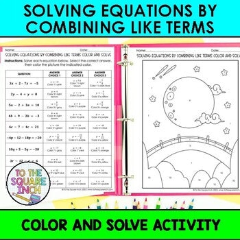 Eighth grade algebra worksheet for practicing solving equations by combining like terms