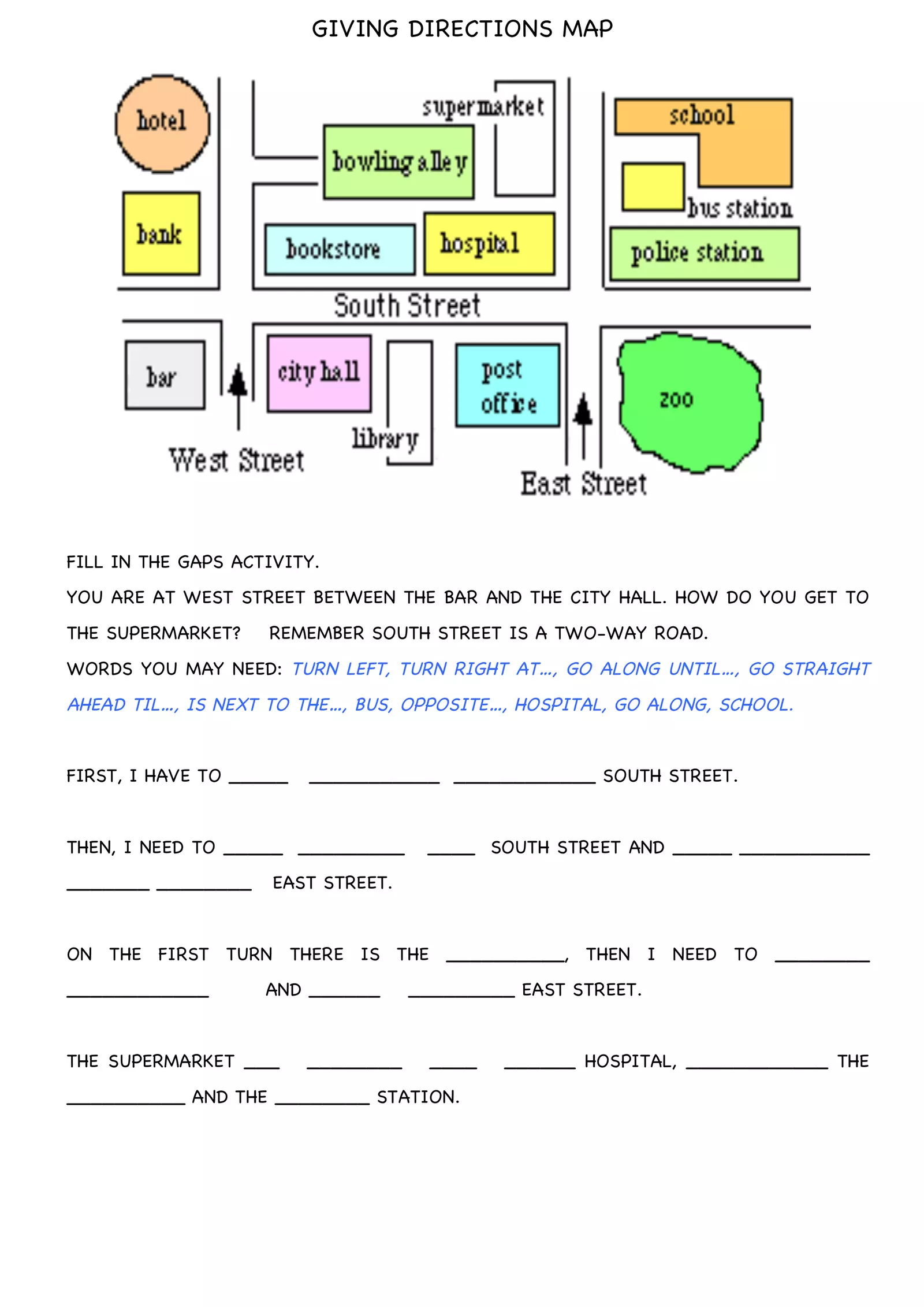 Worksheet featuring a fun mapping activity for learning intermediate directions like northeast and southwest