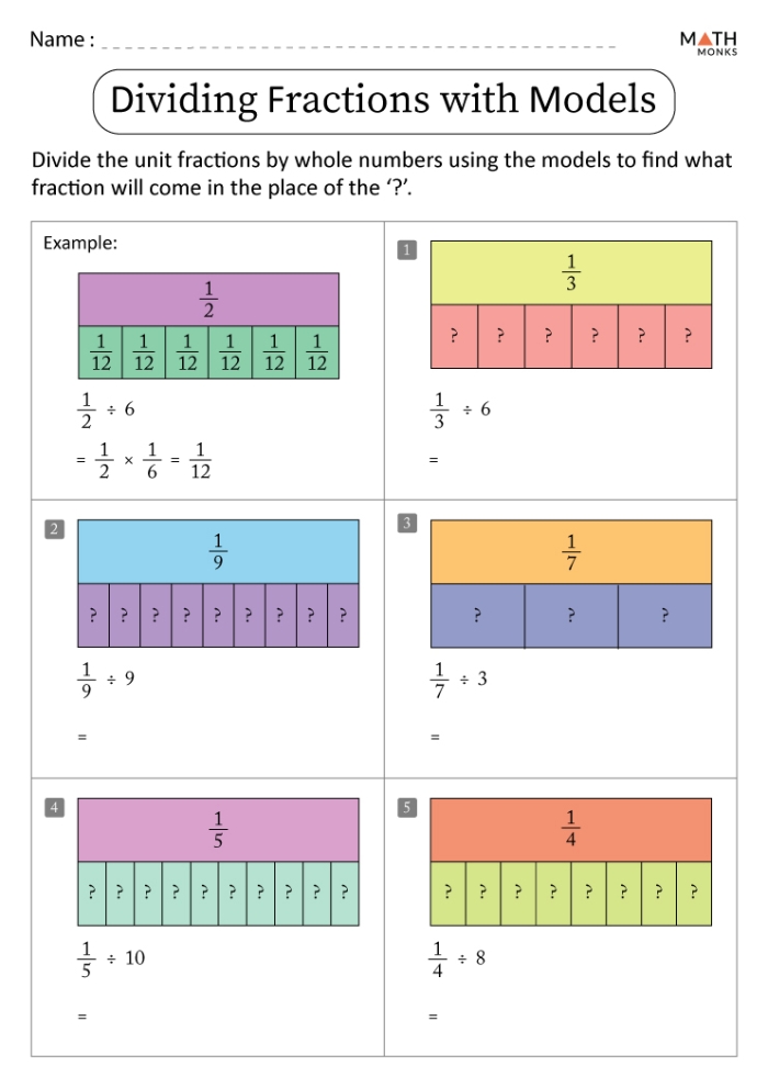 Sixth grade math worksheet featuring rhyming problems on dividing fractions by fractions