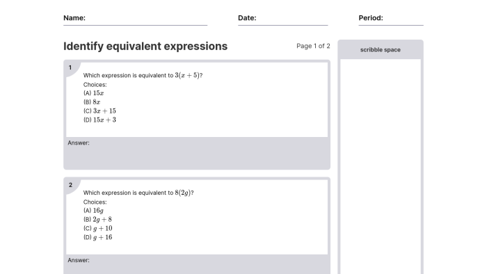 Identify Equivalent Linear Expressions Practice Problems for Grade 7 Seventh grade students solving equivalent linear expressions algebra problems on a worksheet