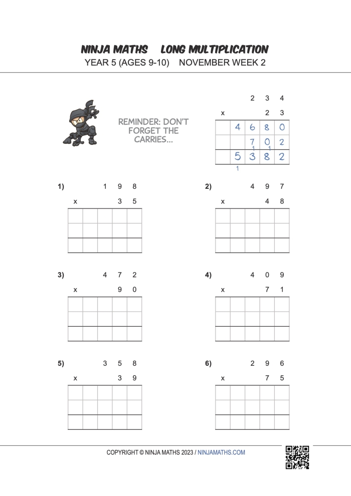 Ninja Word Problems Worksheet Number 24 for Fourth Grade Math Practice Fourth grade student practicing multiplication skills with a ninja themed time and money word problems worksheet