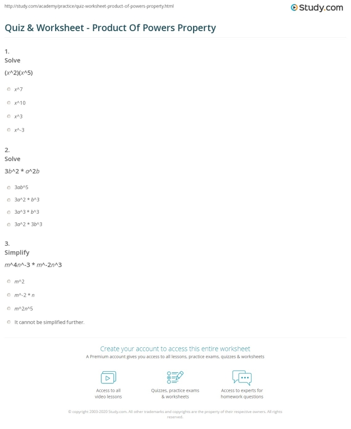 Eighth grade student solving product of powers algebra problems on a practice worksheet