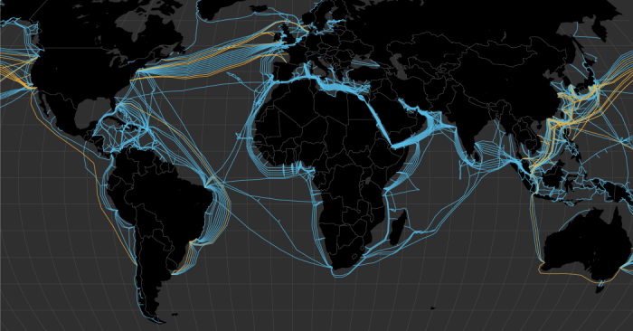 ALT text for a worksheet illustrating how the internet connects globally through ocean cables
