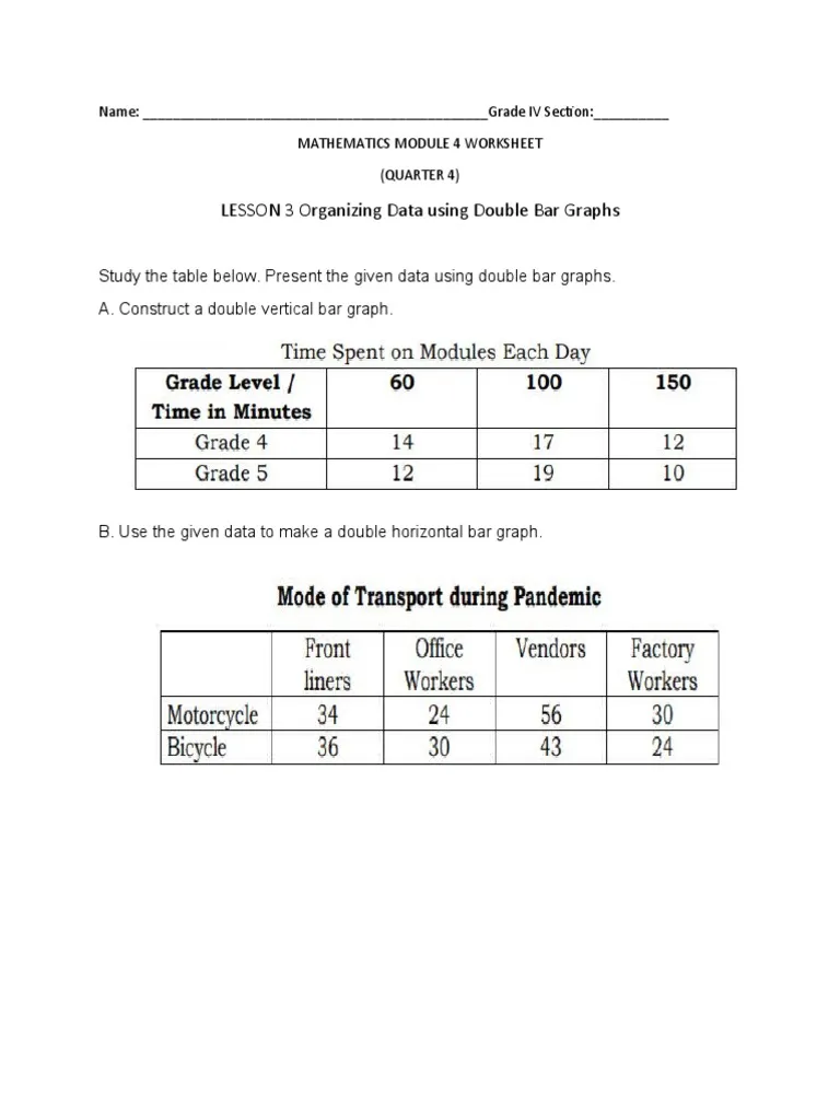 Fifth grade student analyzing data with an Interpreting Double Bar Graphs worksheet