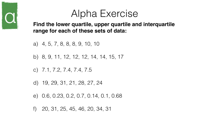 Finding the Interquartile Range Practice Activity for Middle School Math Sixth grade student working through interquartile range problems on a statistics worksheet with data sets and number lines