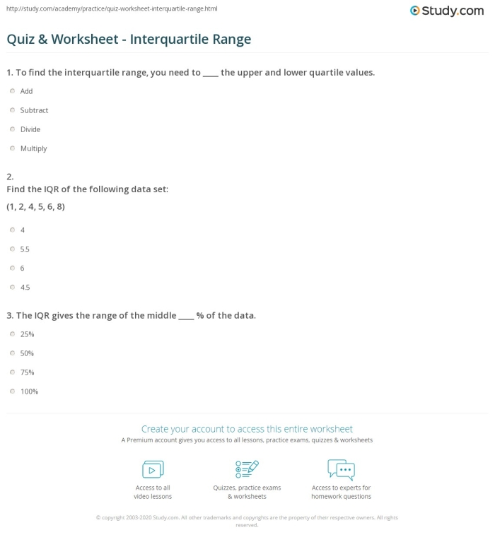 Practice worksheet showing interquartile range calculations for middle school statistics Sixth grade students solving interquartile range problems on a statistics worksheet with data sets