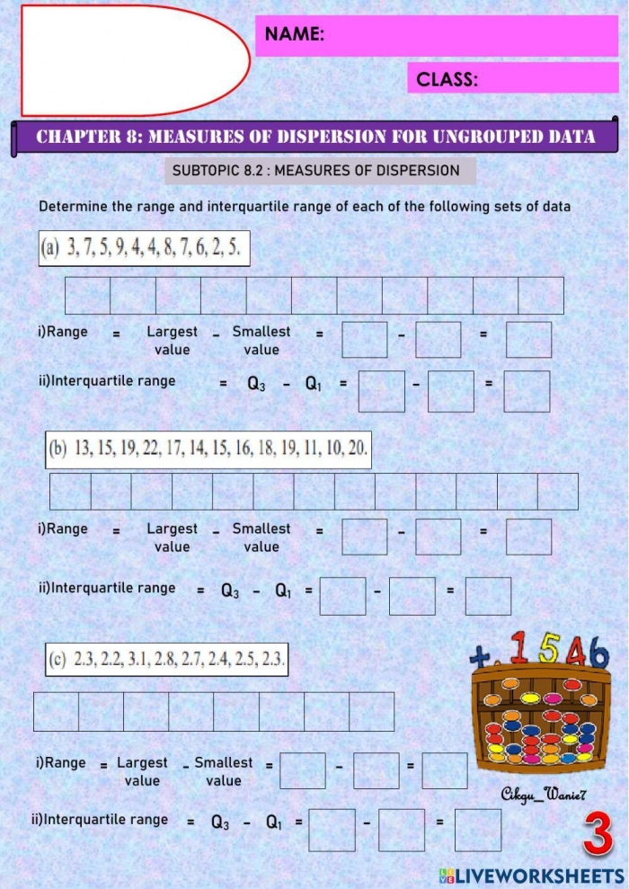 Finding the IQR: Practice worksheet for middle school quartile problems Sixth-grade students calculating interquartile range from a data set on a statistics worksheet