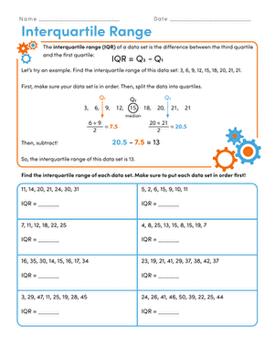 Practice worksheet showing interquartile range calculations for middle school statistics learners Sixth grade student solving interquartile range problems on a statistics worksheet with data sets and number lines