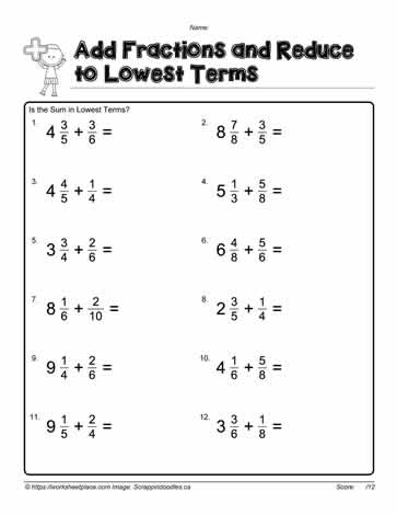 Worksheet featuring adding fractions concepts for fourth graders