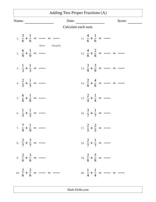 Fourth grade math worksheet featuring basic fraction addition problems to build student skills
