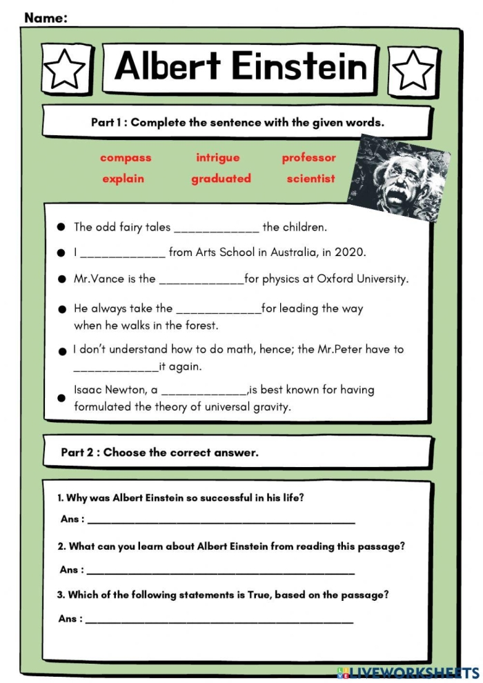 Worksheet image depicting an introduction to the life and ideas of physicist Albert Einstein Illustration of Albert Einstein and key concepts in theoretical physics for a fourth-grade vocabulary worksheet
