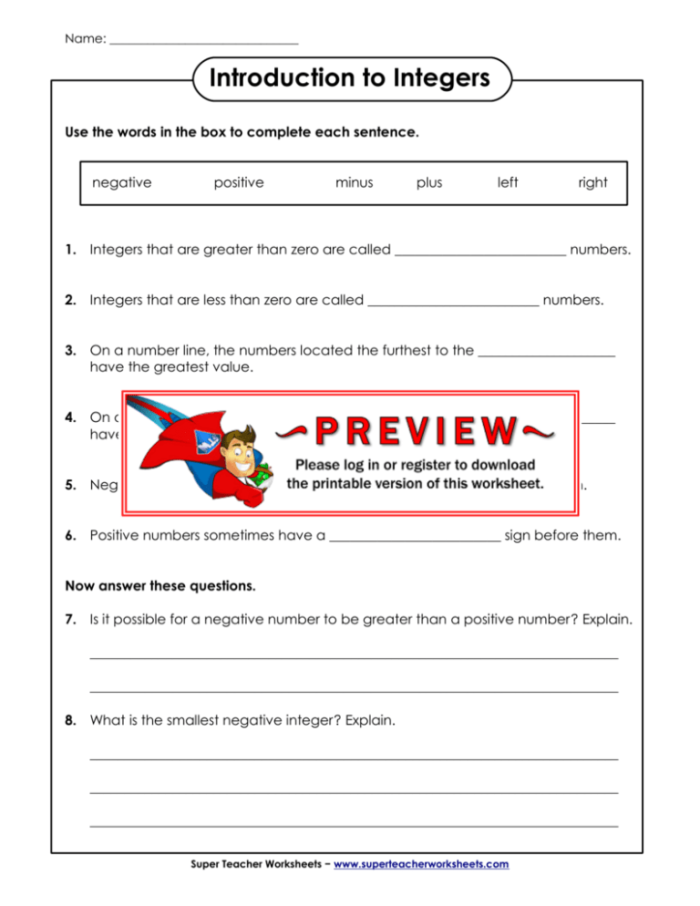 Worksheet on integers for sixth graders, featuring examples and exercises. Introduction to Integers: A helpful worksheet for understanding integer concepts.
