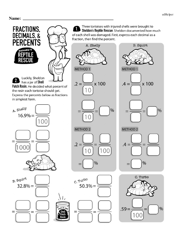 Sixth grade student learning percent basics with fractions and decimals conversion examples on worksheet 13