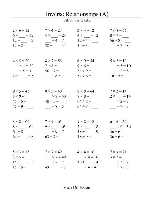 Multiplication and inverse relationships worksheet for third grade students Worksheet featuring inverse equations for multiplication practice with fractions for third graders