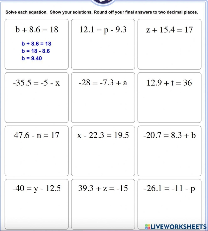 Sixth grade algebra worksheet focusing on solving one-step addition and subtraction equations using inverse operations