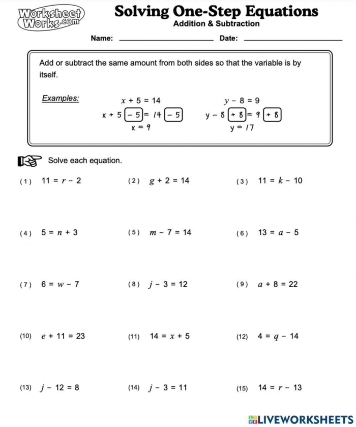 Sixth grade math worksheet focused on solving one-step addition and subtraction equations using inverse operations