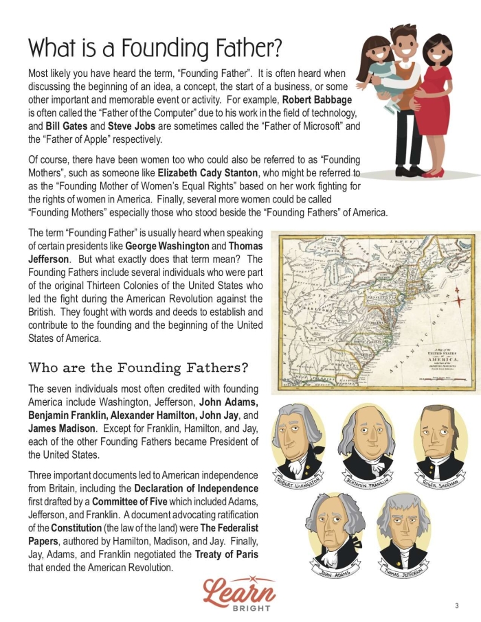Four Irish-American founding fathers portrayed in a historical educational illustration for fifth grade students learning about Irish contributions to American history