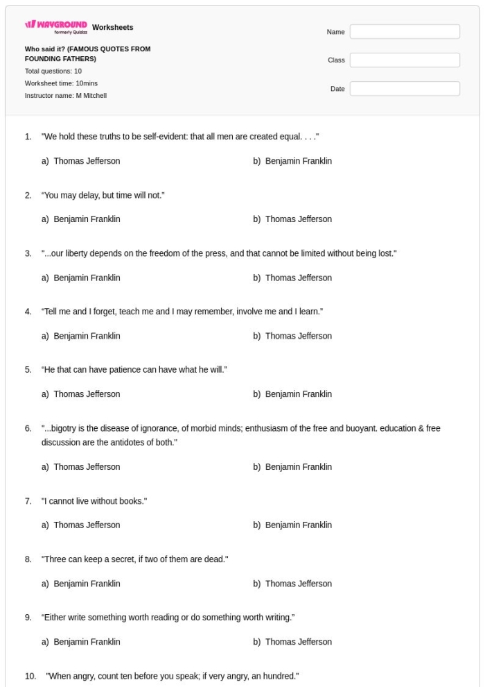Four Irish-American founding fathers portraits and biographical information for fifth grade history worksheet