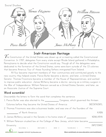 Fifth grade worksheet showcasing four influential Irish-born figures in American history for counting and number exercises
